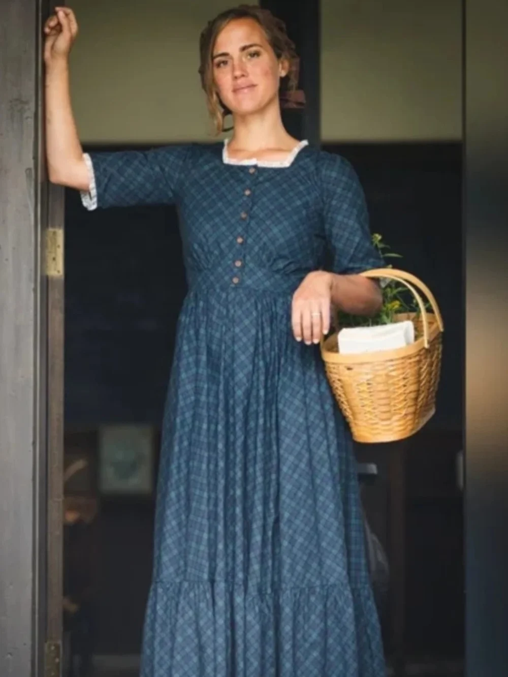 Linen/Cotton Maxi Dress FIONA KEEPSAKE NWT Plaid Green & Navy - Picture 2 of 2